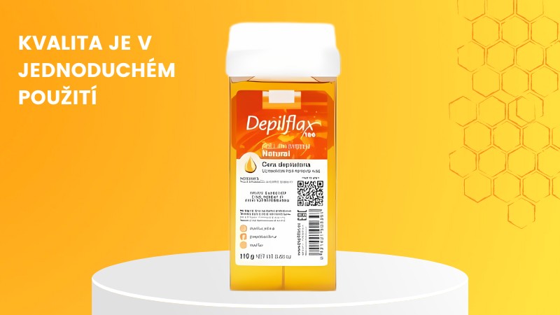Balení depilačního vosku s nápisem "Kvalita je v jednoduchém použití" na oranžovém pozadí s hexagonálním včelím vzorem.